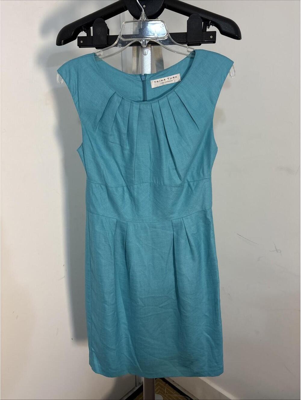 Trina Turk Women’s Sheath Dress Sleeveless Pleated Turquoise Lined Back Zip SZ 4